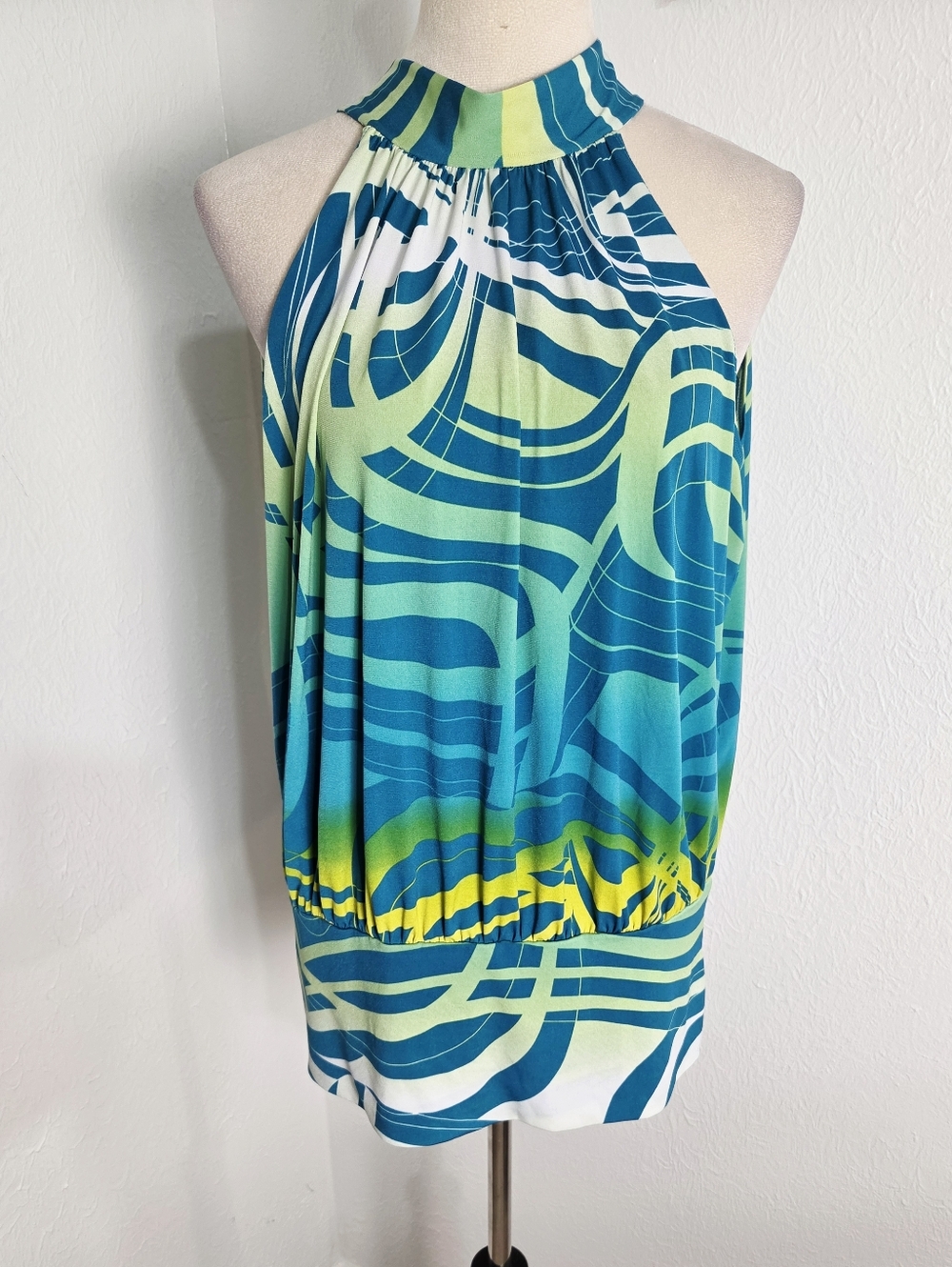 Axcess A Liz Claiborne - Teal, Aqua, Green & Yellow Abstract Halter Top, Size XL - Picture 2 of 13